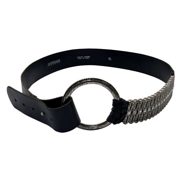 ANTONIAZZI FIRENZE Italy XL Black Leather Belt 1.5” Wide Silver Buckle Crystals - Picture 6 of 10